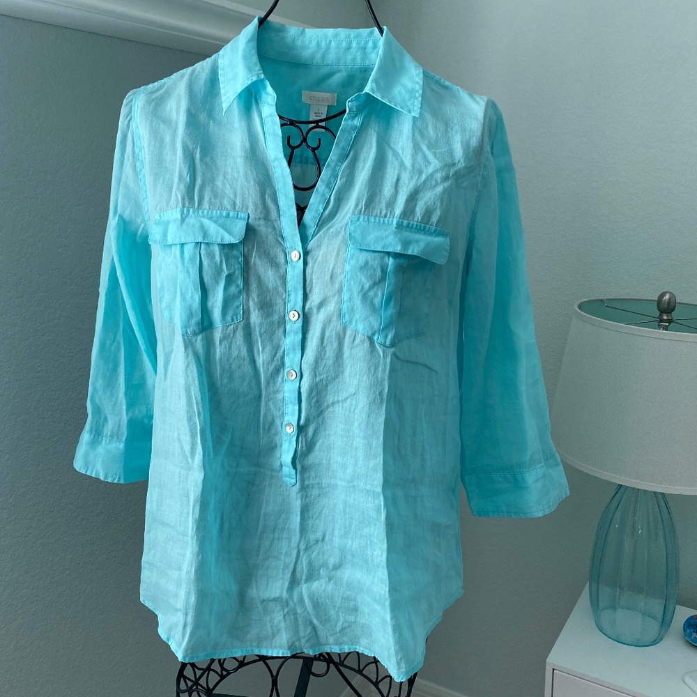 Chicos Aqua Cotton Shirt Sz M